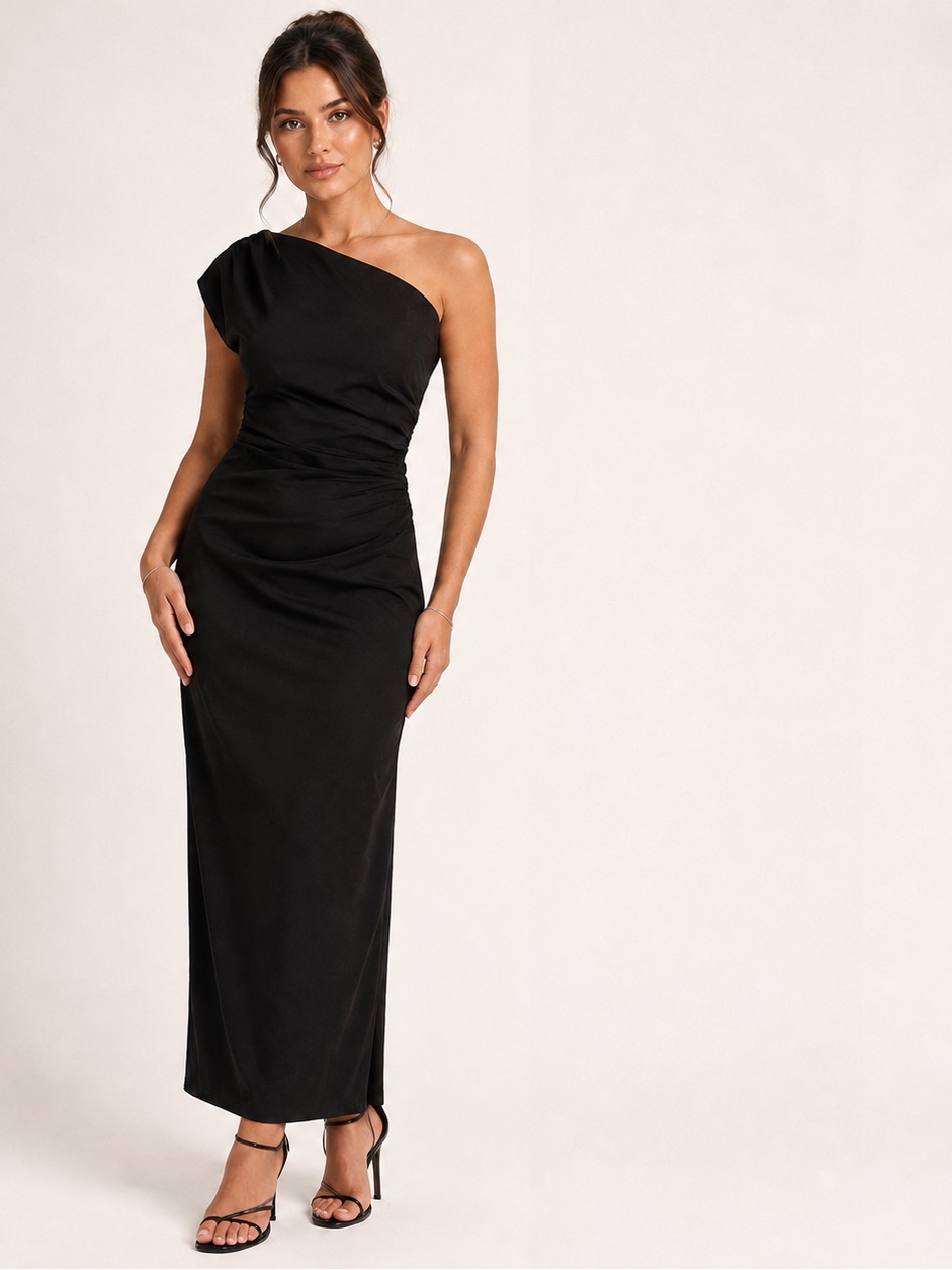 Abercrombie & Fitch Black One Shoulder Ruched Maxi Dress Xxs